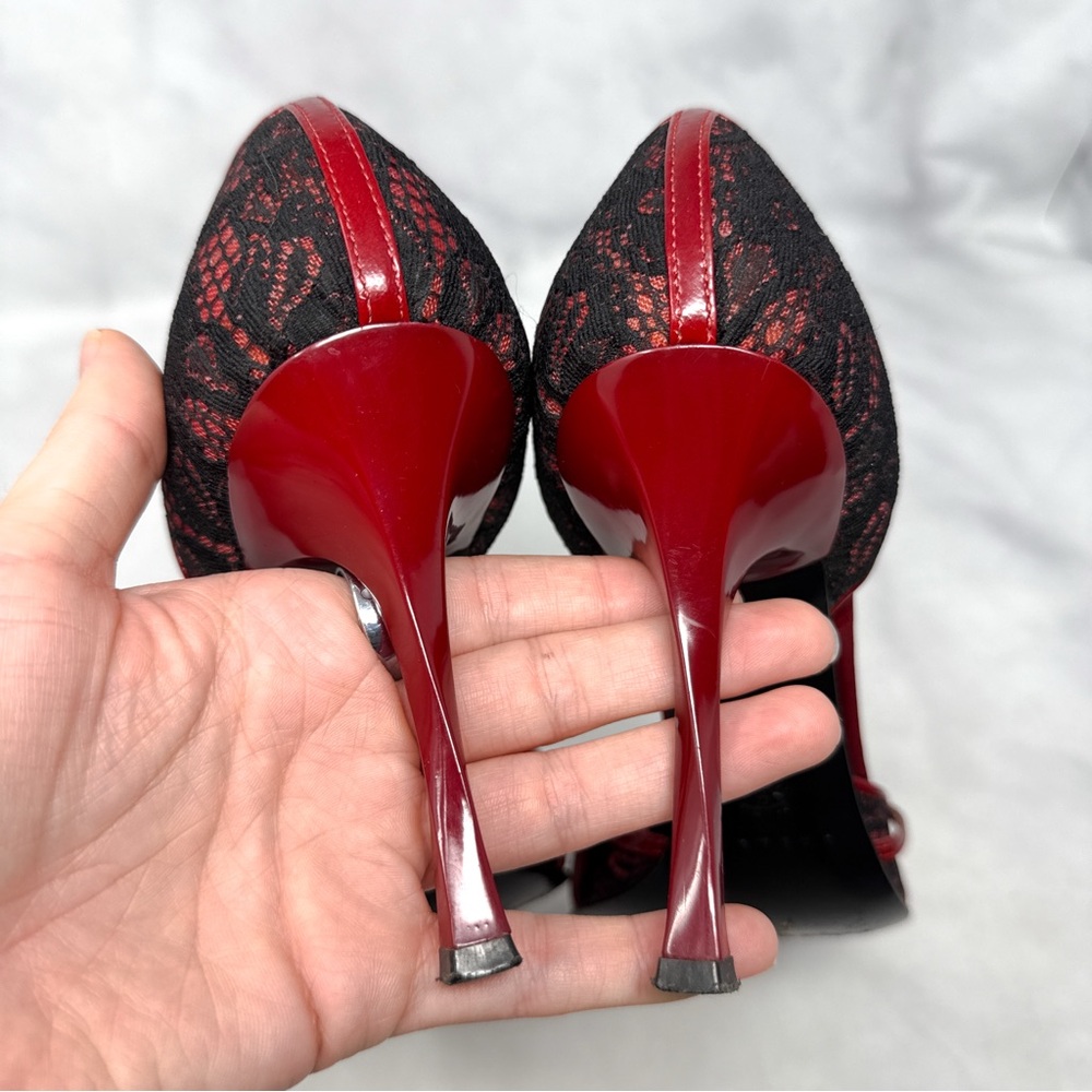CASADEI Vintage Y2K Leather Lace Pointed Toe Stiletto Heel Pumps Gothic Red 9 - Picture 7 of 15
